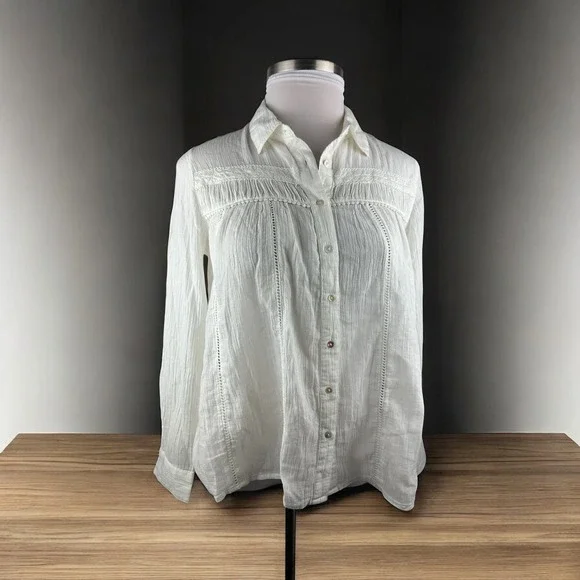 Sundance White Cotton Long Sleeve Button Up Blouse Crochet Boho Sheer Size Small - Picture 14 of 14